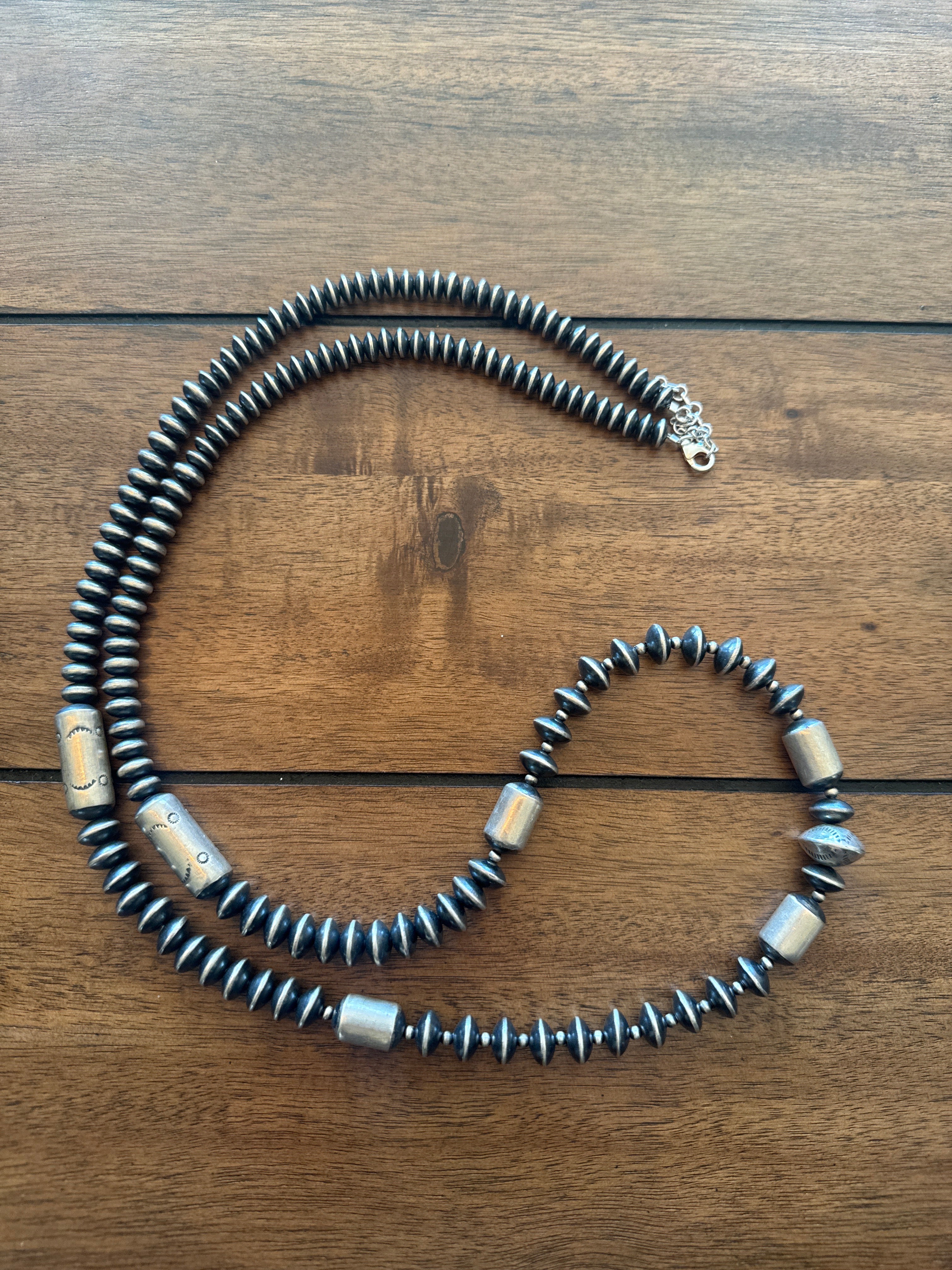 Sterling Silver Hand strung Beads w/ Stamped Disks