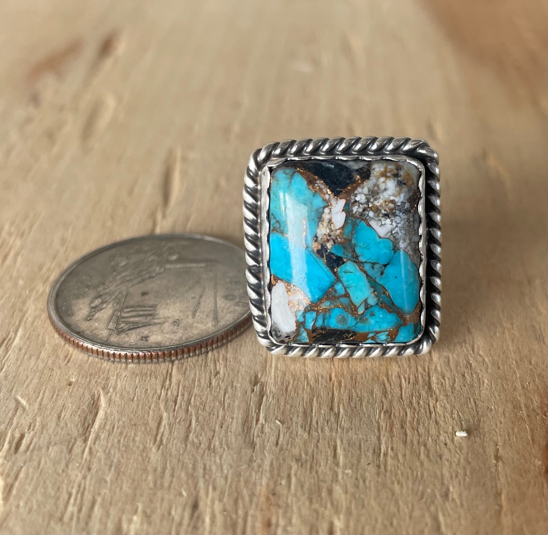 Turquoise Mojave Square Ring w/ Rope Design