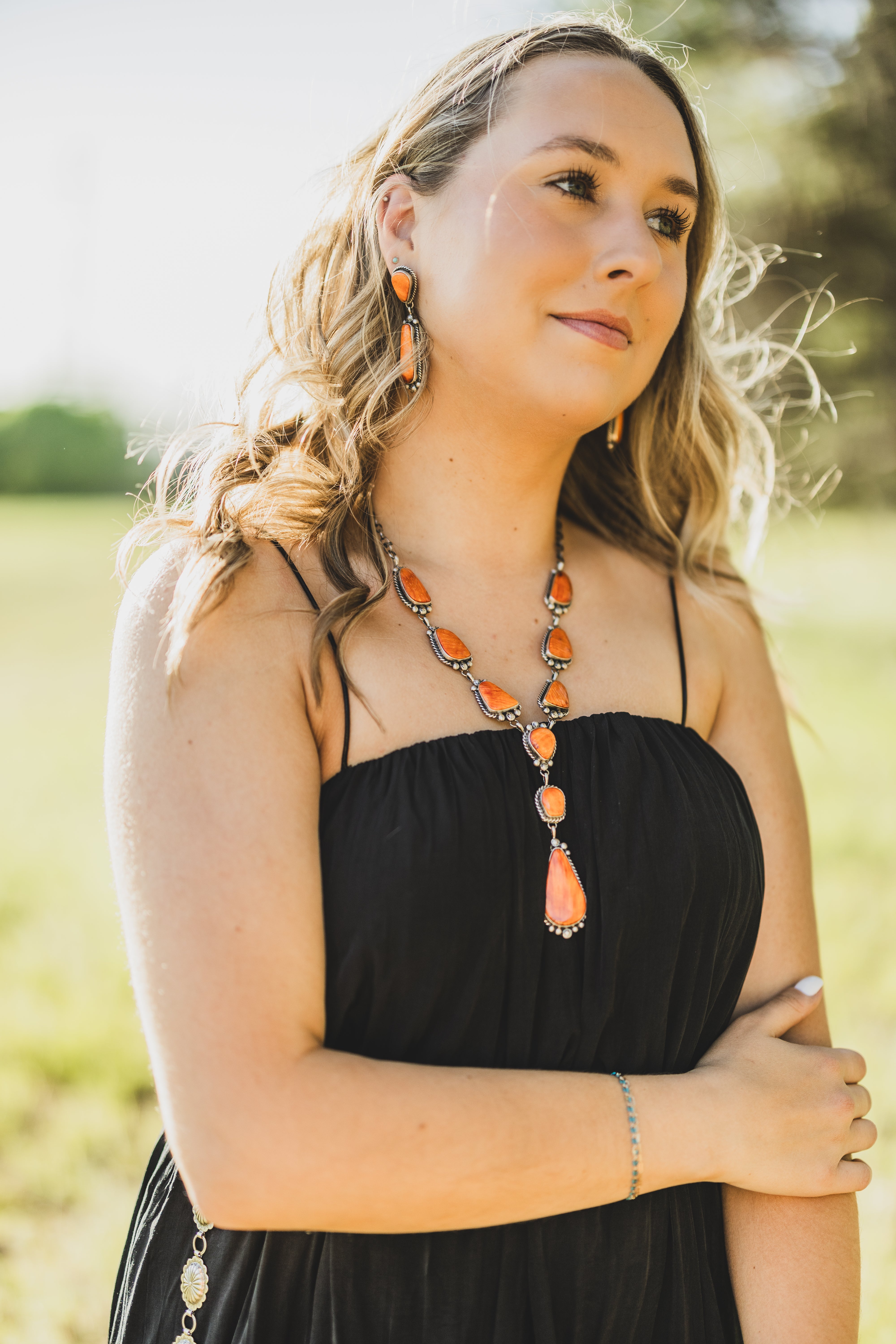 Orange Spiny Lariat with Earrings