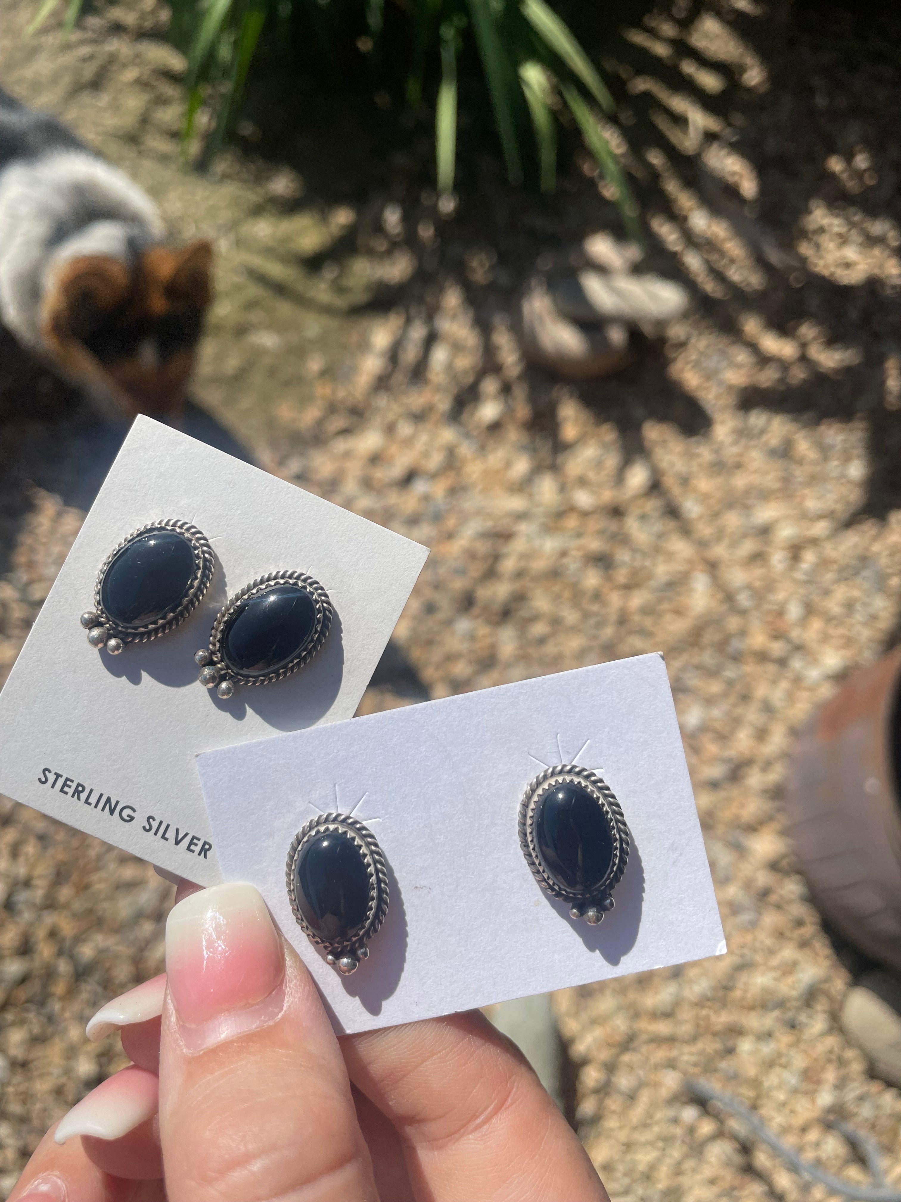 Onyx Oval Studs with 3 Silver Embellishments