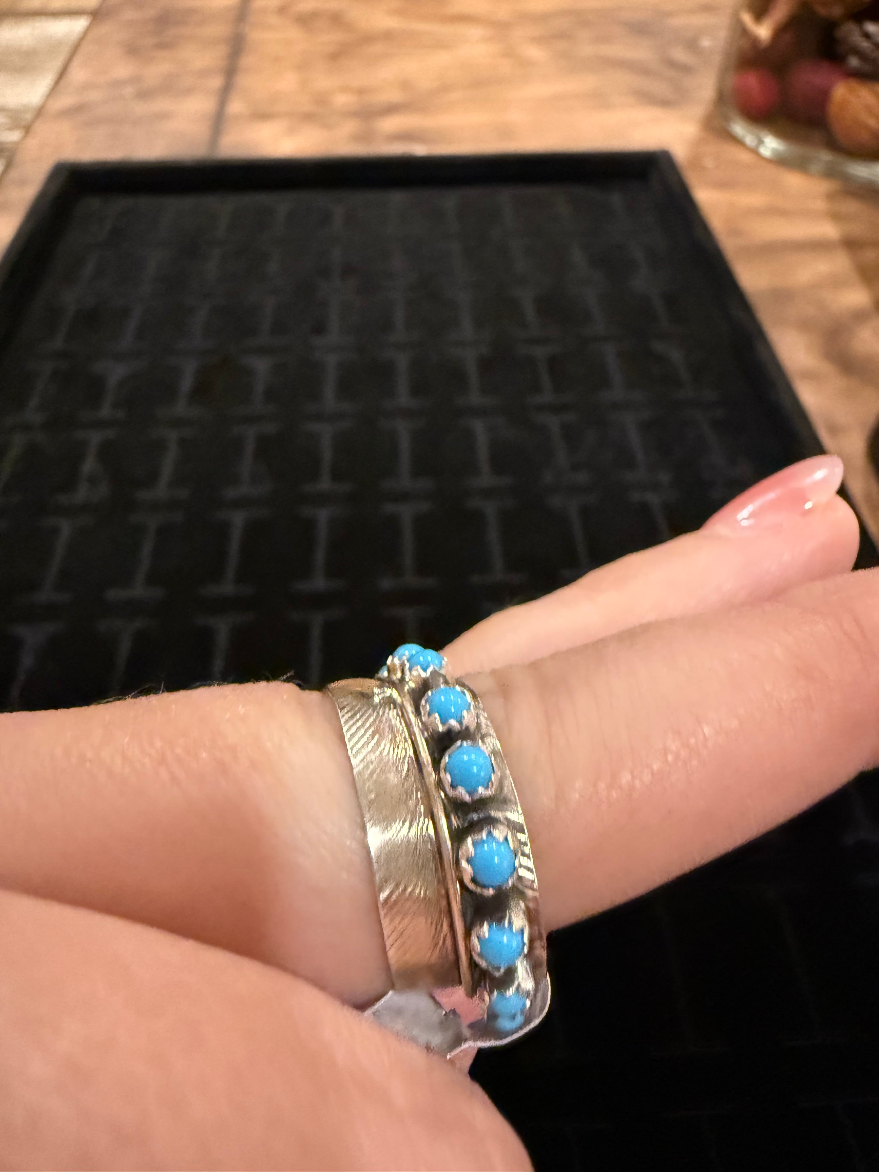Sterling Silver Feather Ring w/ Wrap around Turquoise Stones