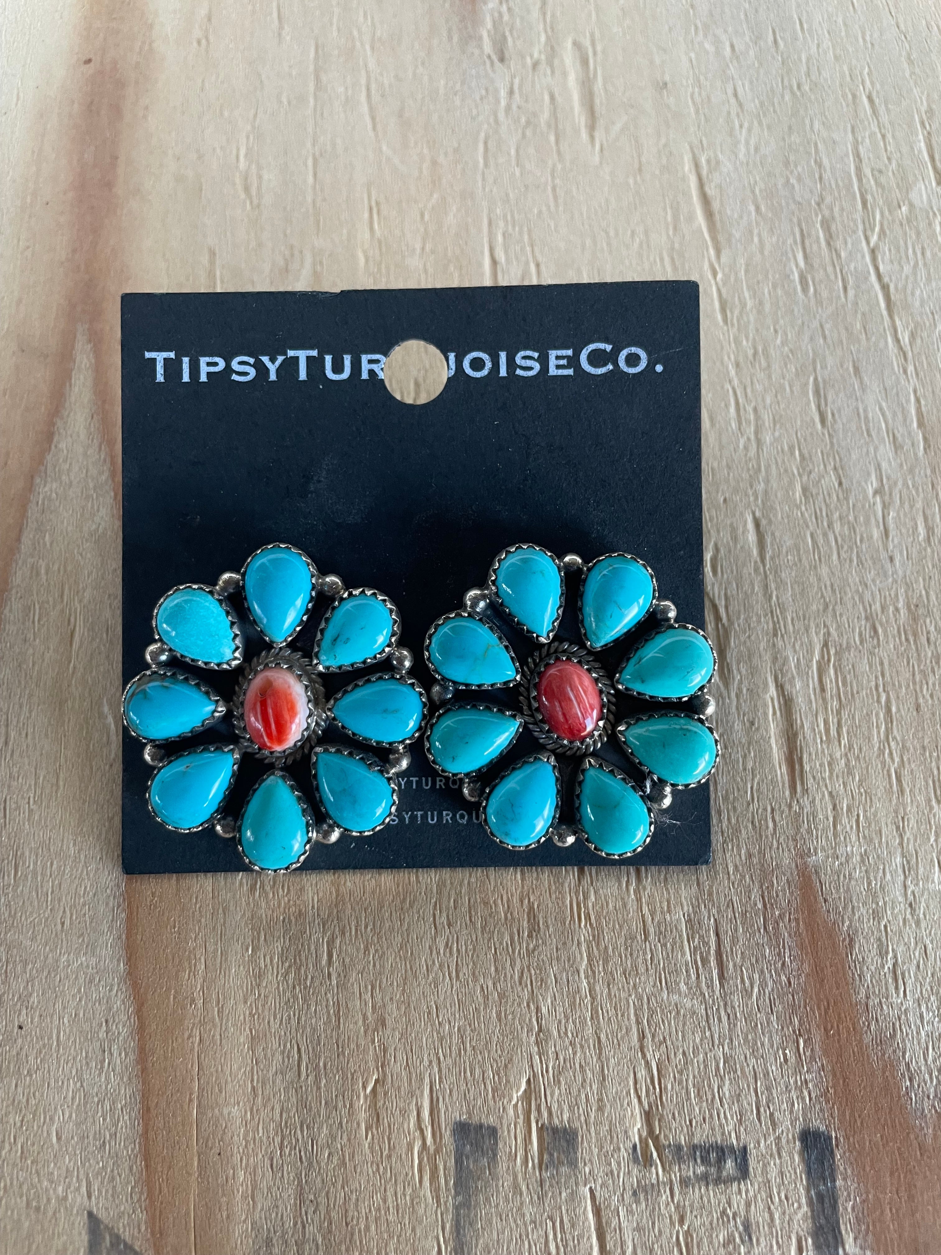 Large Turquoise/Spiny Oyster Cluster Earrings