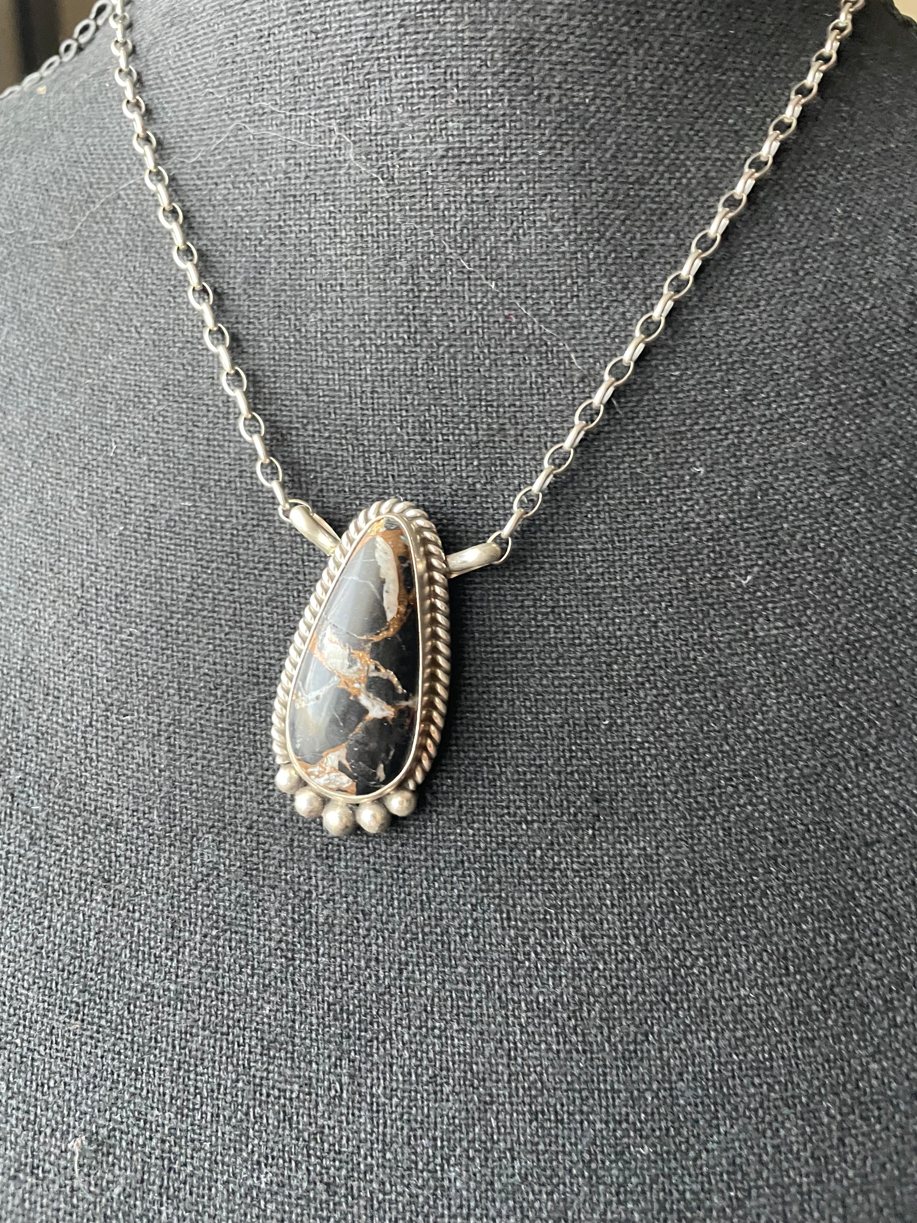 Black Tourmaline Teardrop Necklace w/silver embellishing