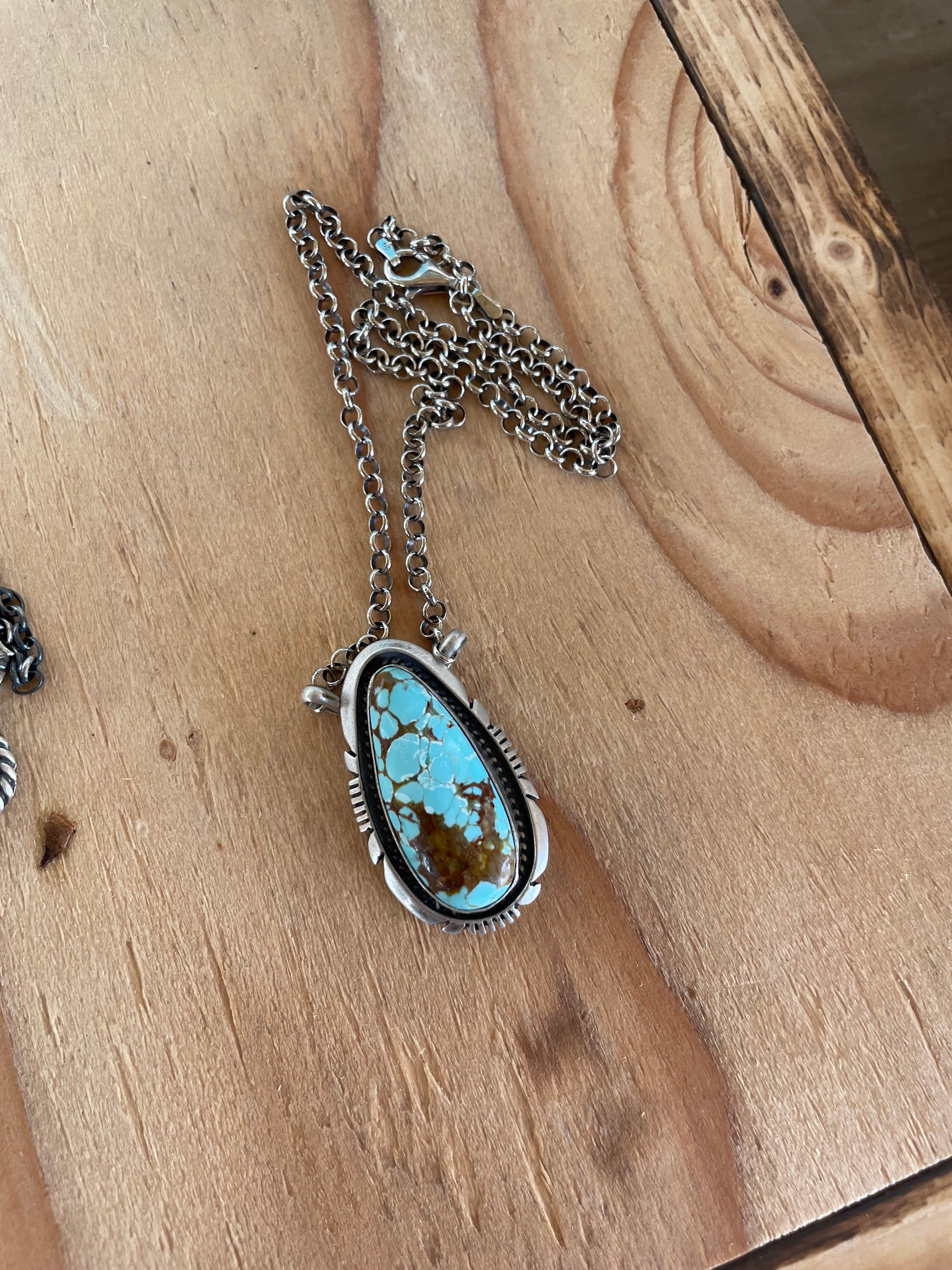 Teardrop #8 Turquoise w/ Silver Design Necklace