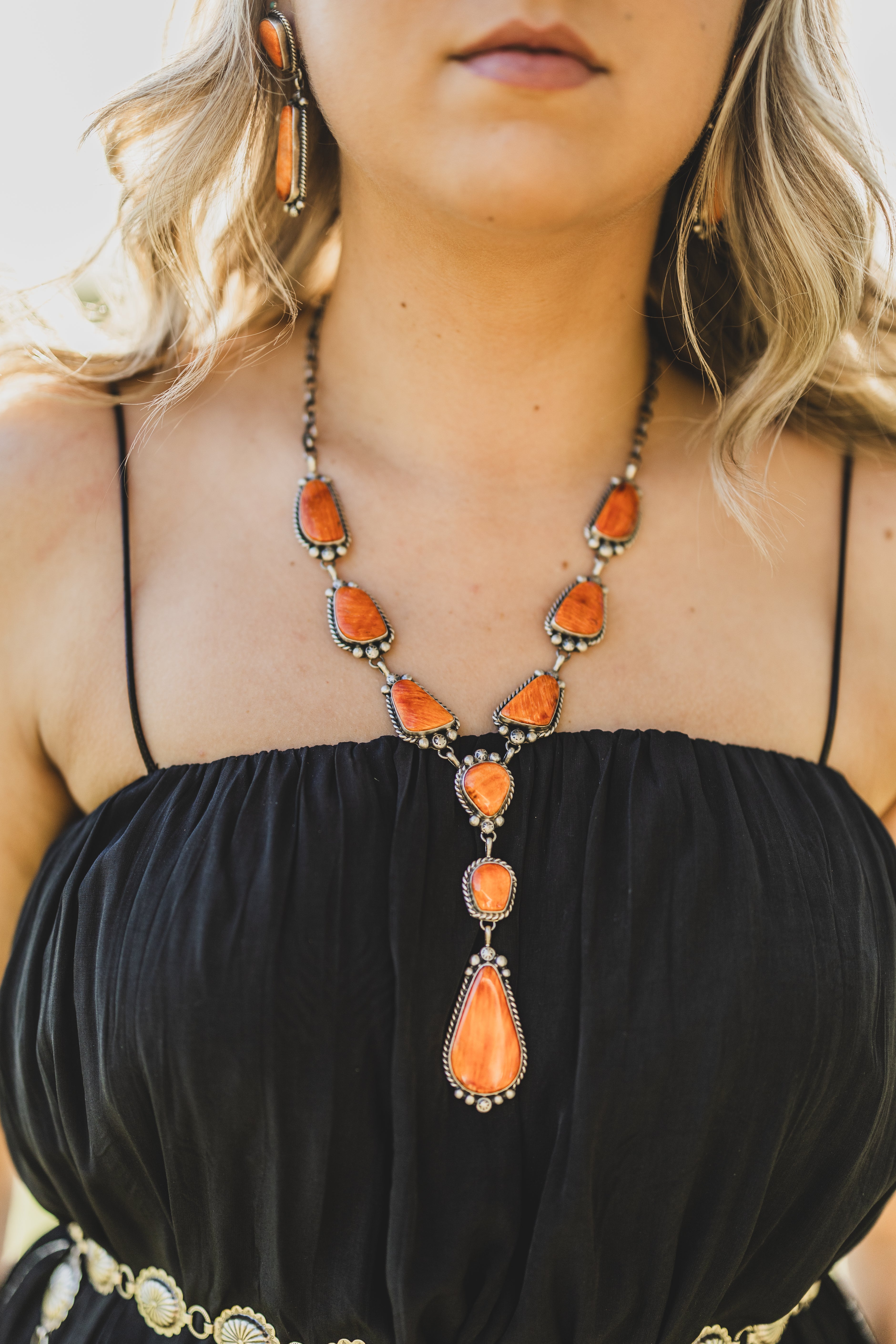 Orange Spiny Lariat with Earrings