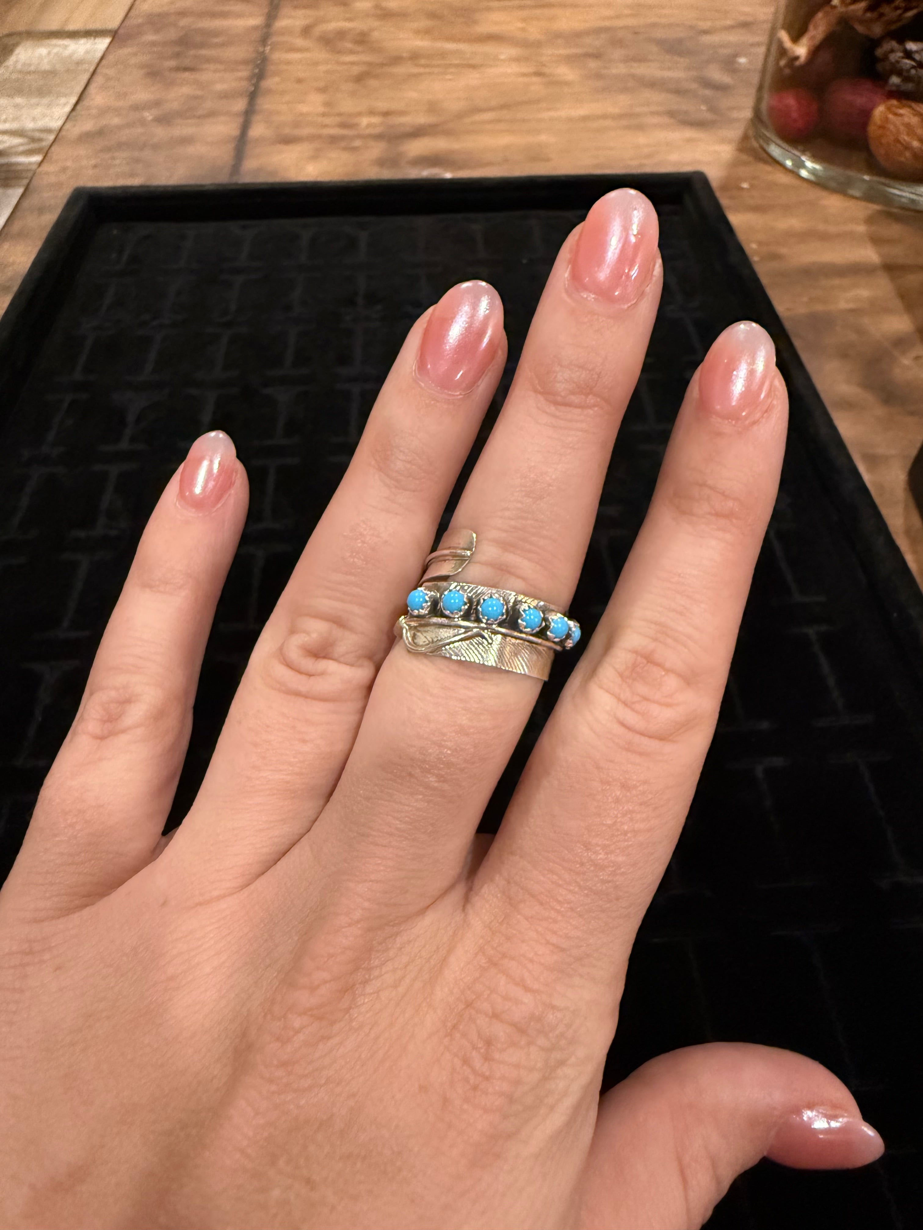 Sterling Silver Feather Ring w/ Wrap around Turquoise Stones