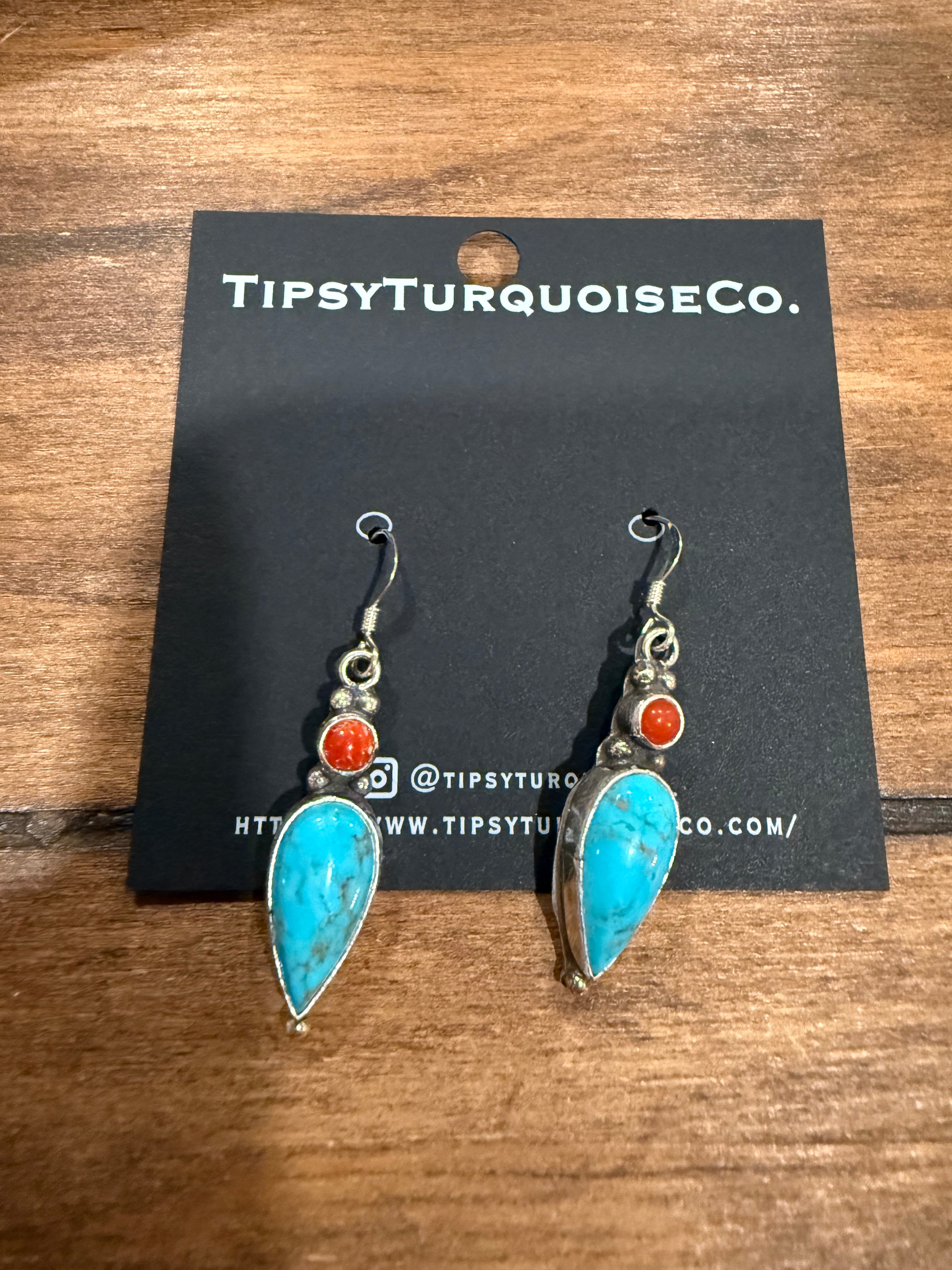 Turquoise and Coral Teardrop Earrings