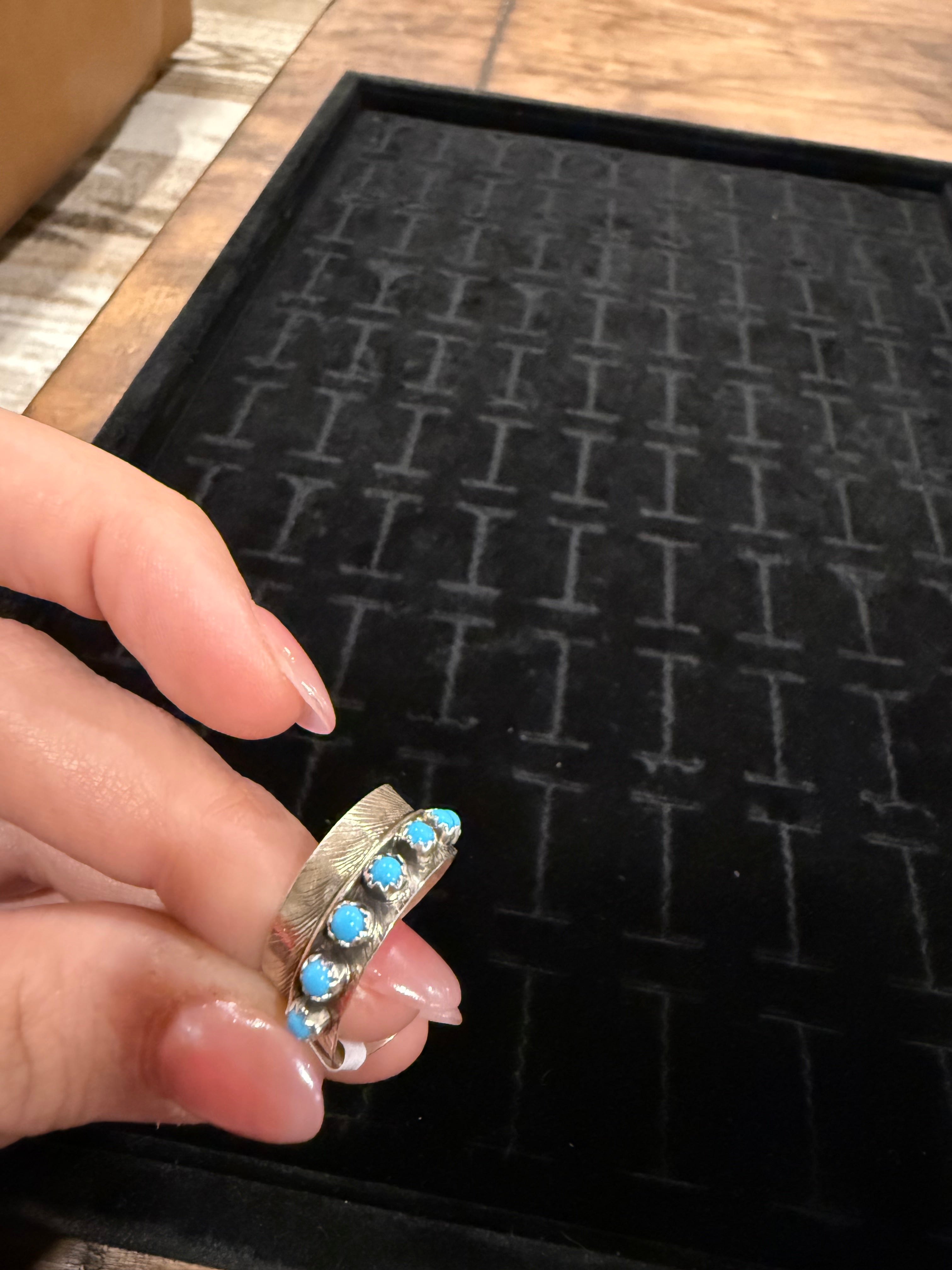 Sterling Silver Feather Ring w/ Wrap around Turquoise Stones