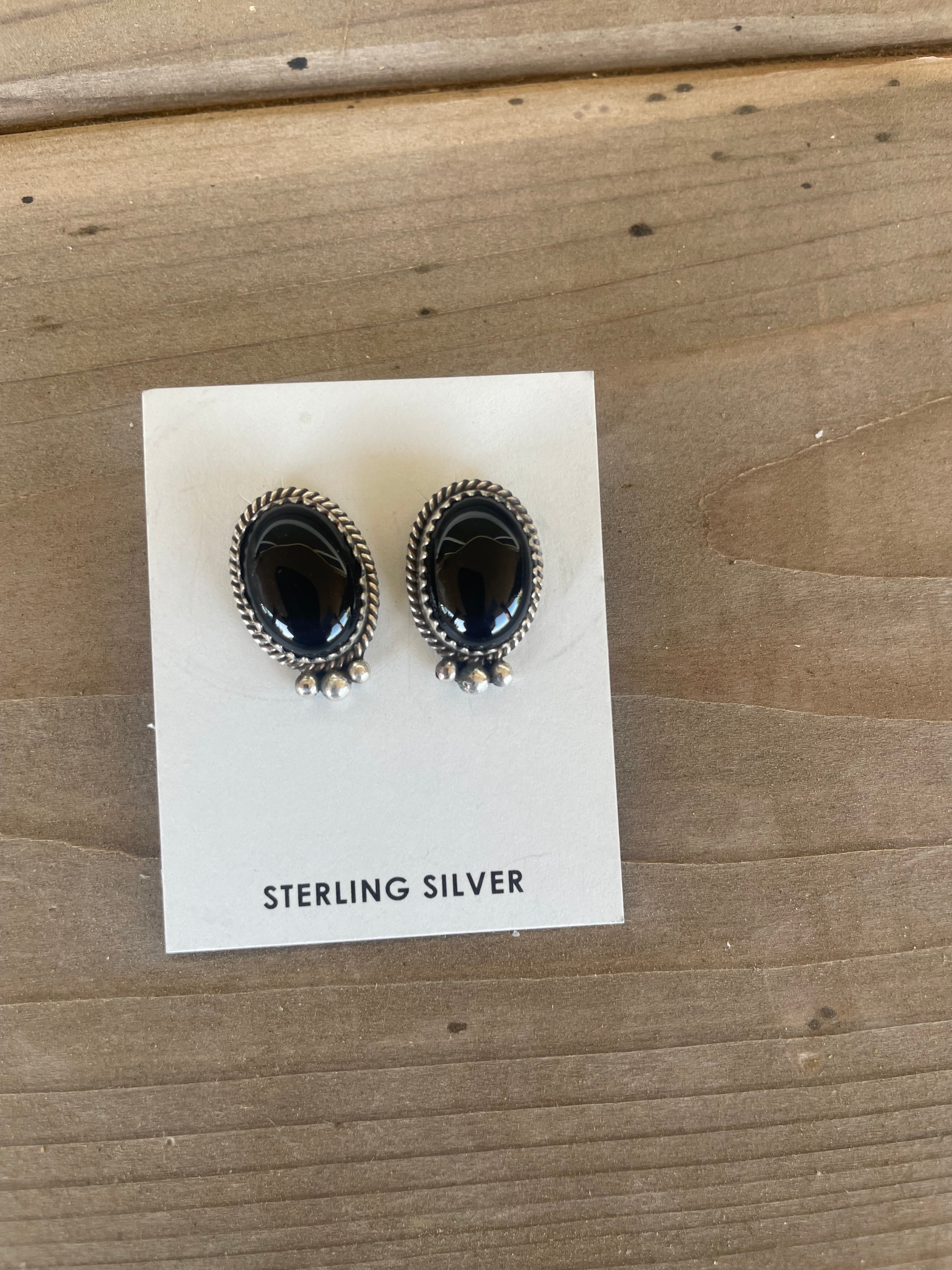 Onyx Oval Studs with 3 Silver Embellishments