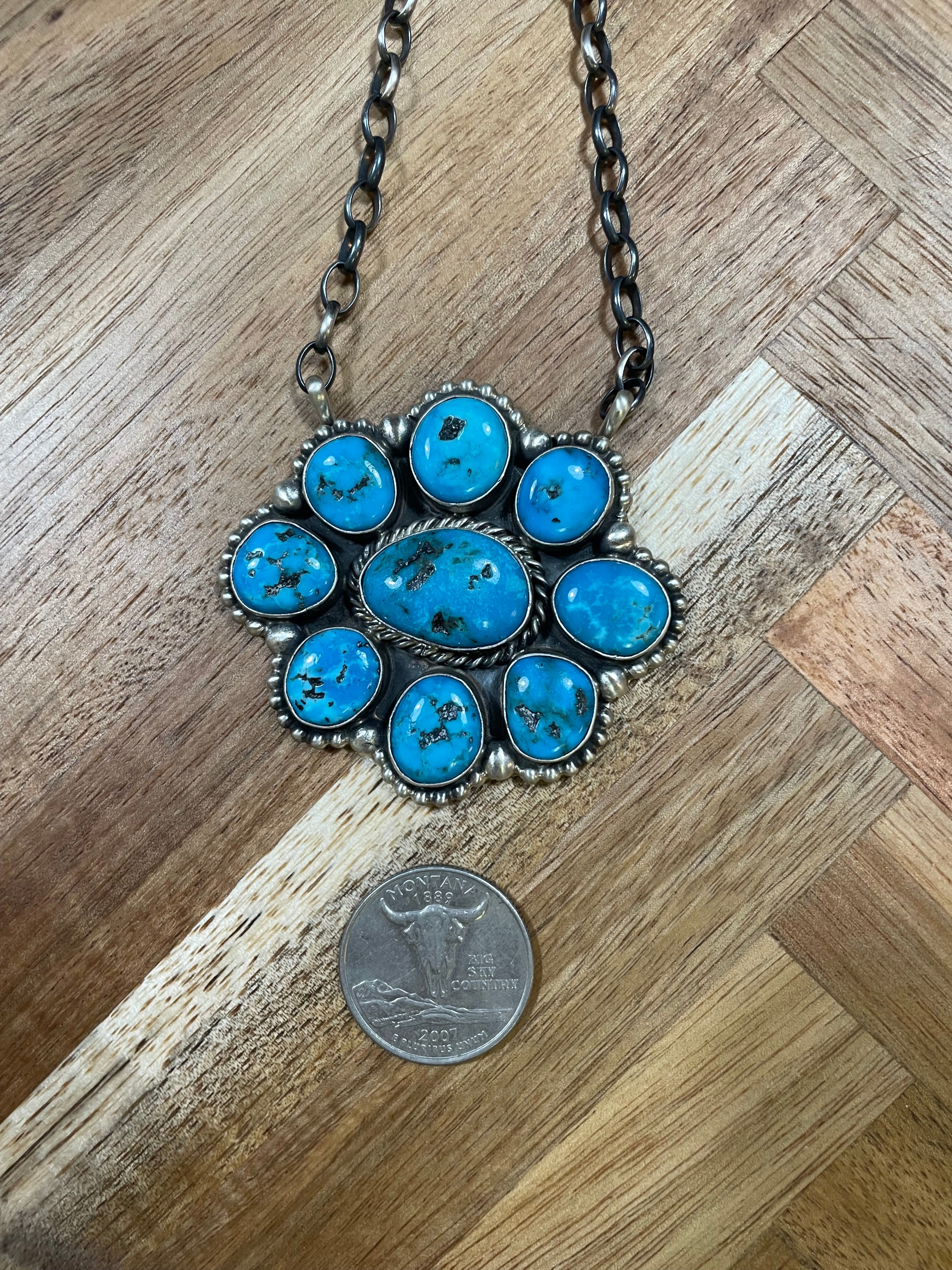 9 Stone Turquoise Cluster Necklace