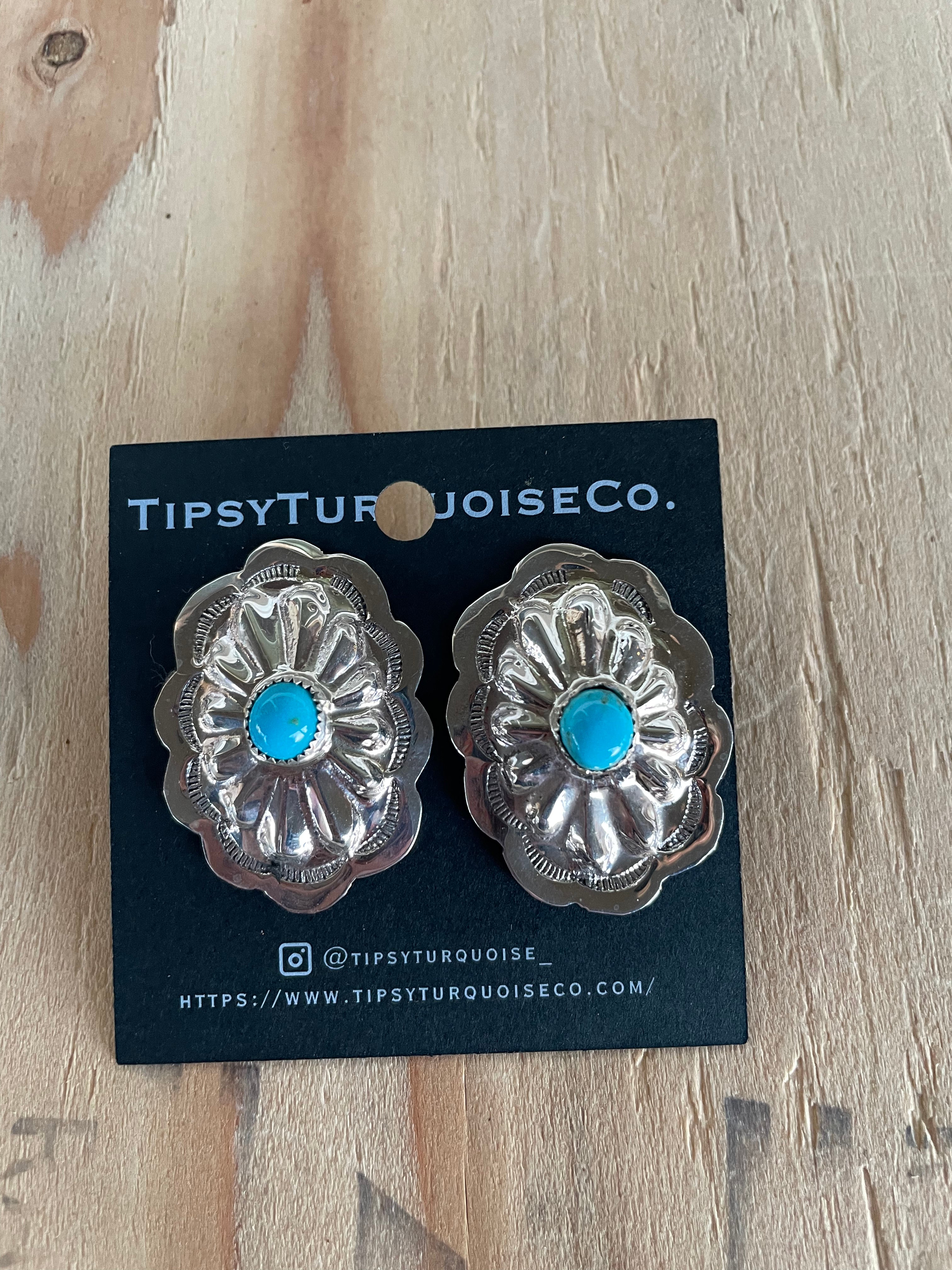 Native American Turquoise Large Stud Earrings - Sterling 925 Etched Dome  Pierced - Wilson Brothers Jewelry