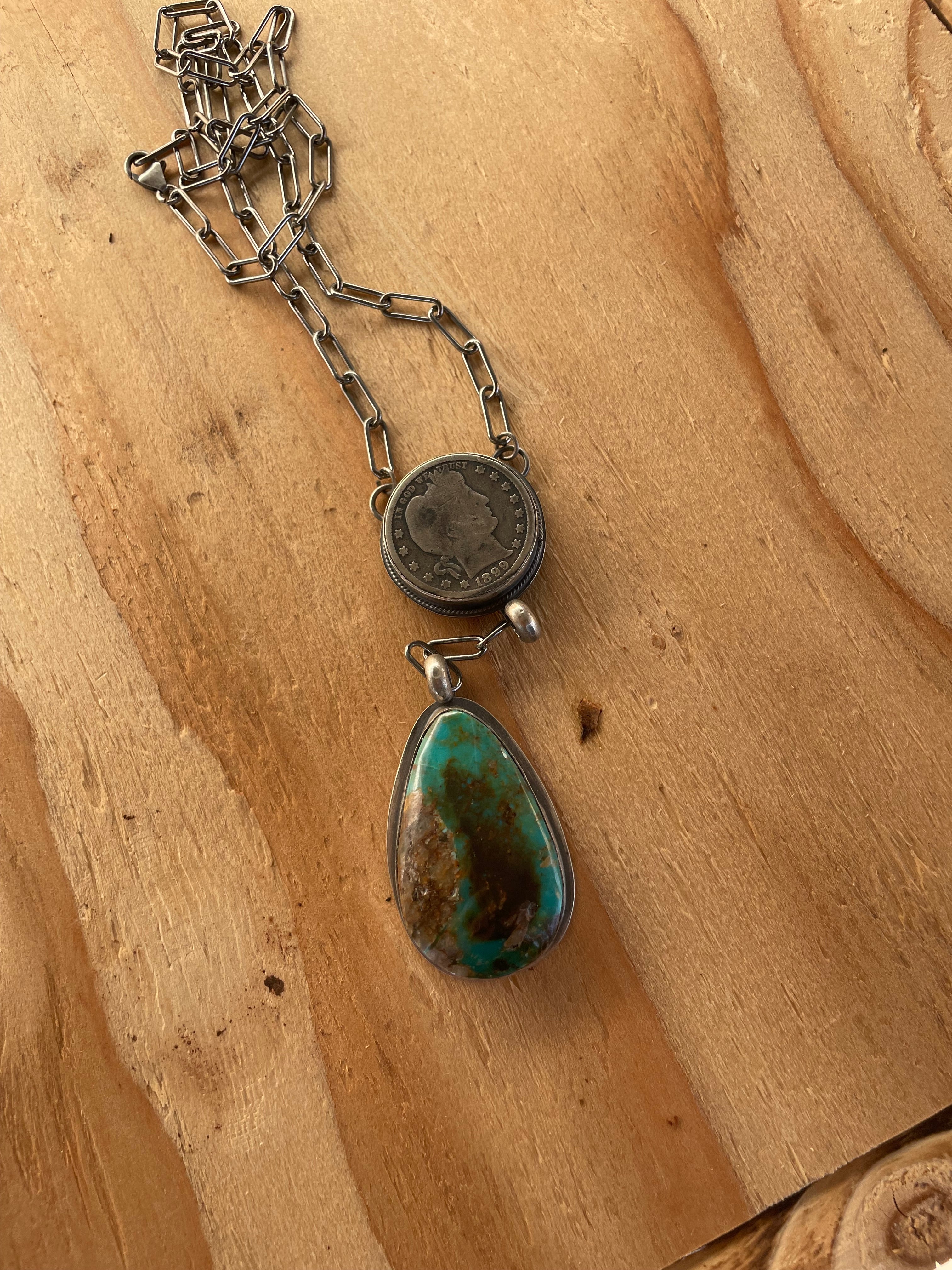 Large Turquoise & Liberty Coin Lariat Necklace