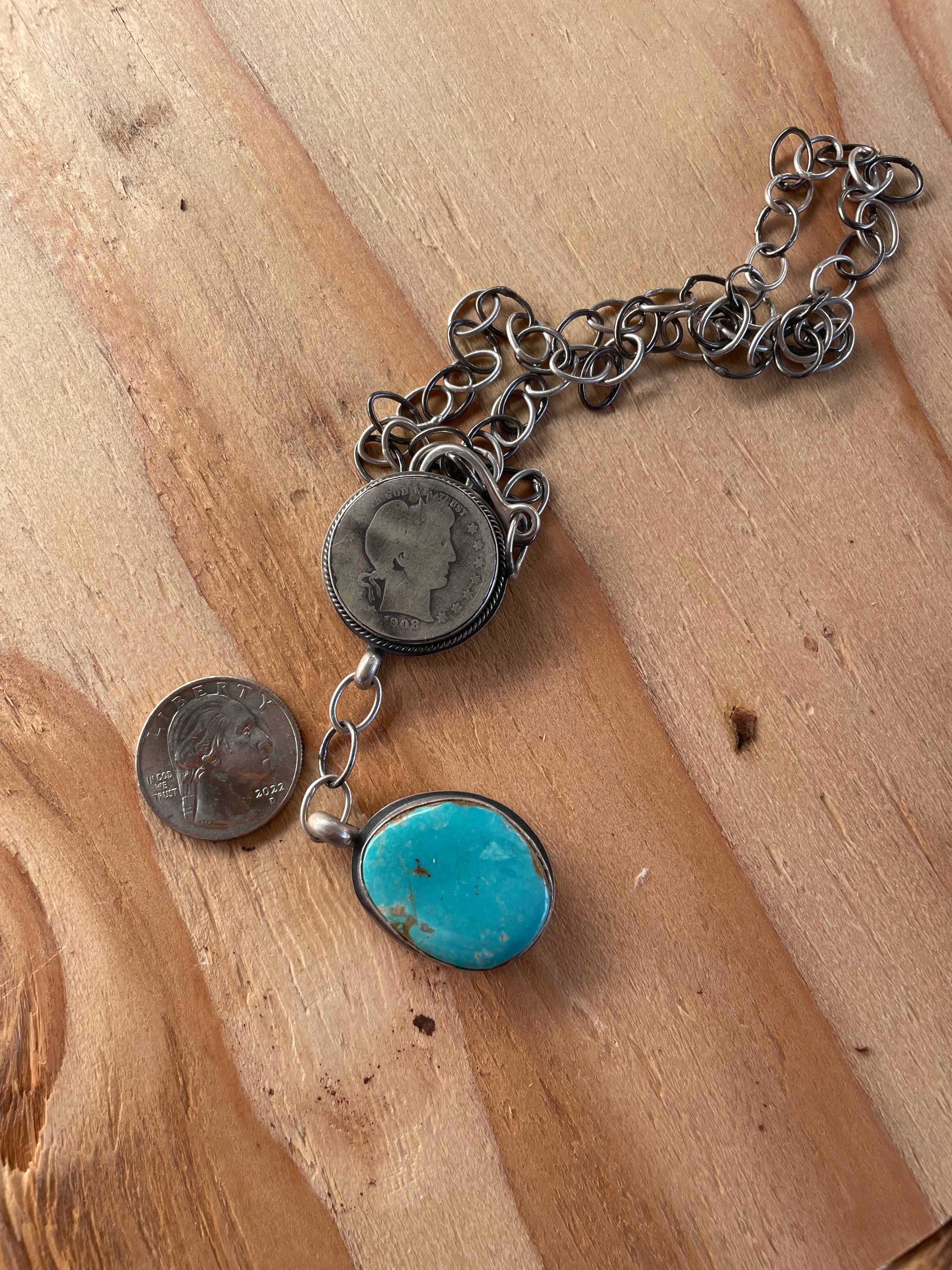 Turquoise & Liberty Coin Lariat Necklace