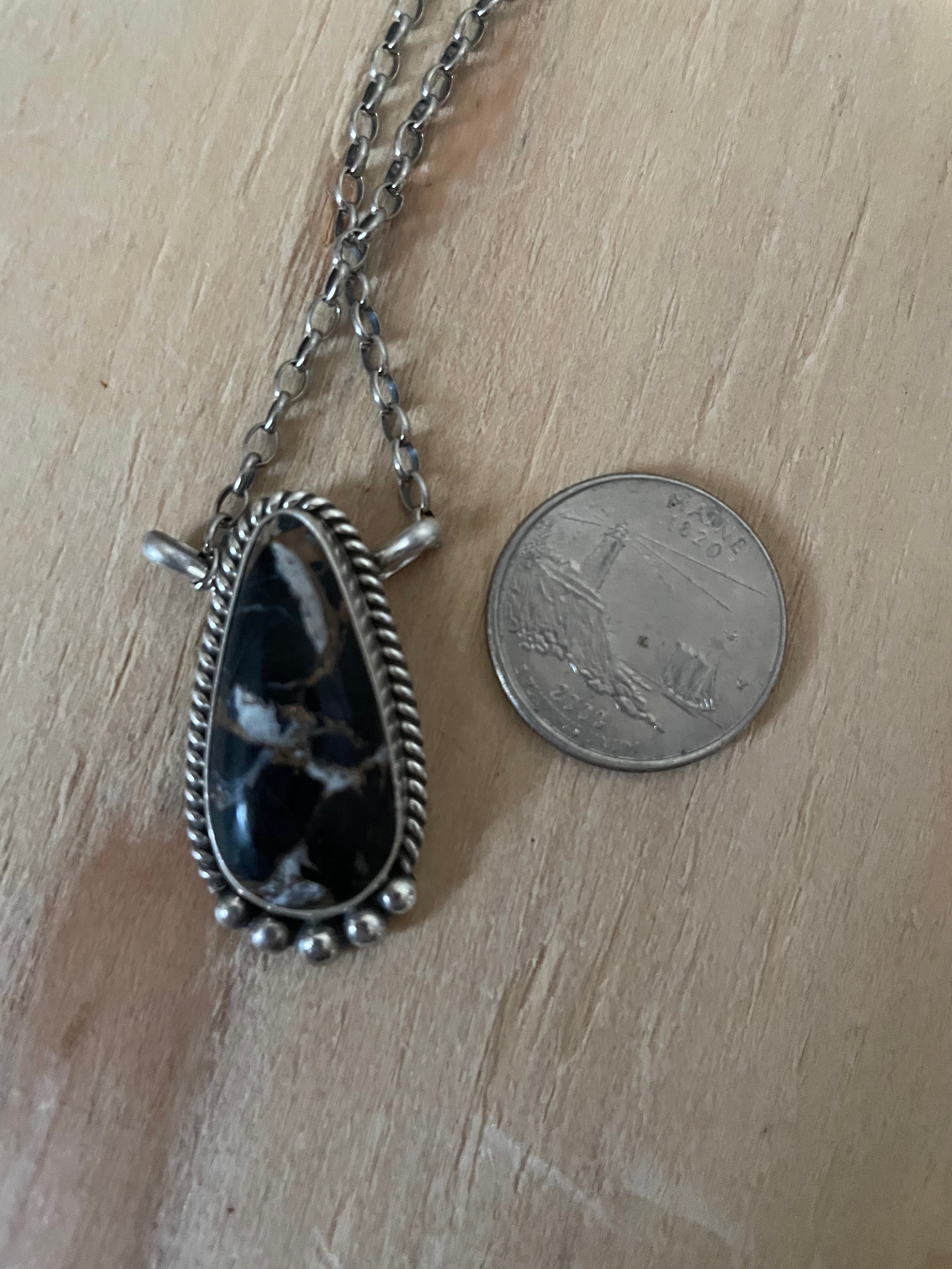Black Tourmaline Teardrop Necklace w/silver embellishing